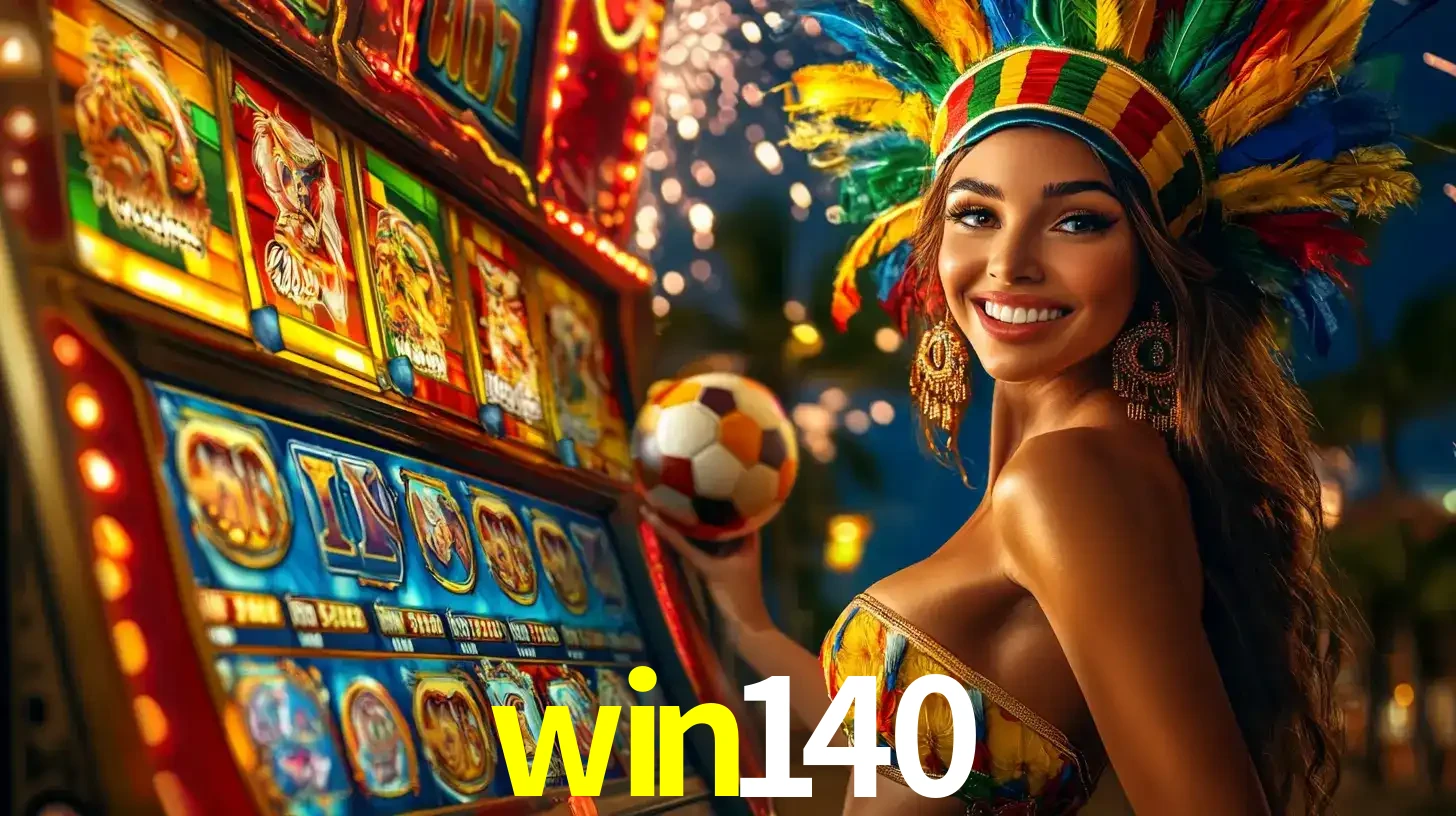 Mulher com um cocar de carnaval ao lado de uma máquina de caça-níqueis enquanto segura uma bola de futebol, mostrando a união da diversão de cassino e esportes no win140.