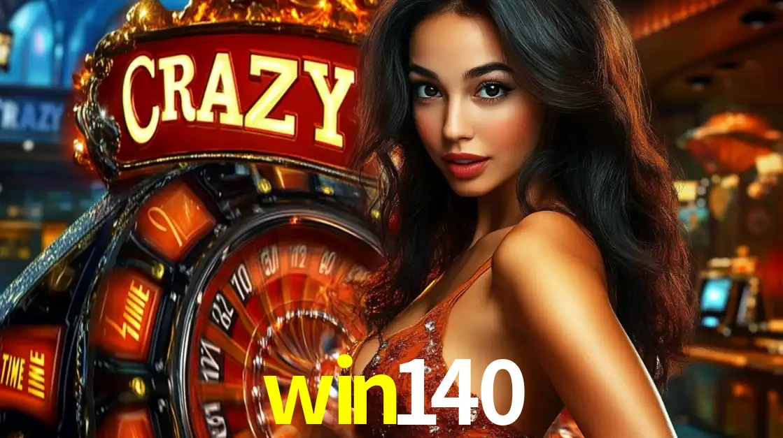 Mulher glamourosa olhando para a câmera com a roda vermelha do Crazy Time ao fundo em um ambiente de cassino, destacando a emoção dos jogos ao vivo no win140.