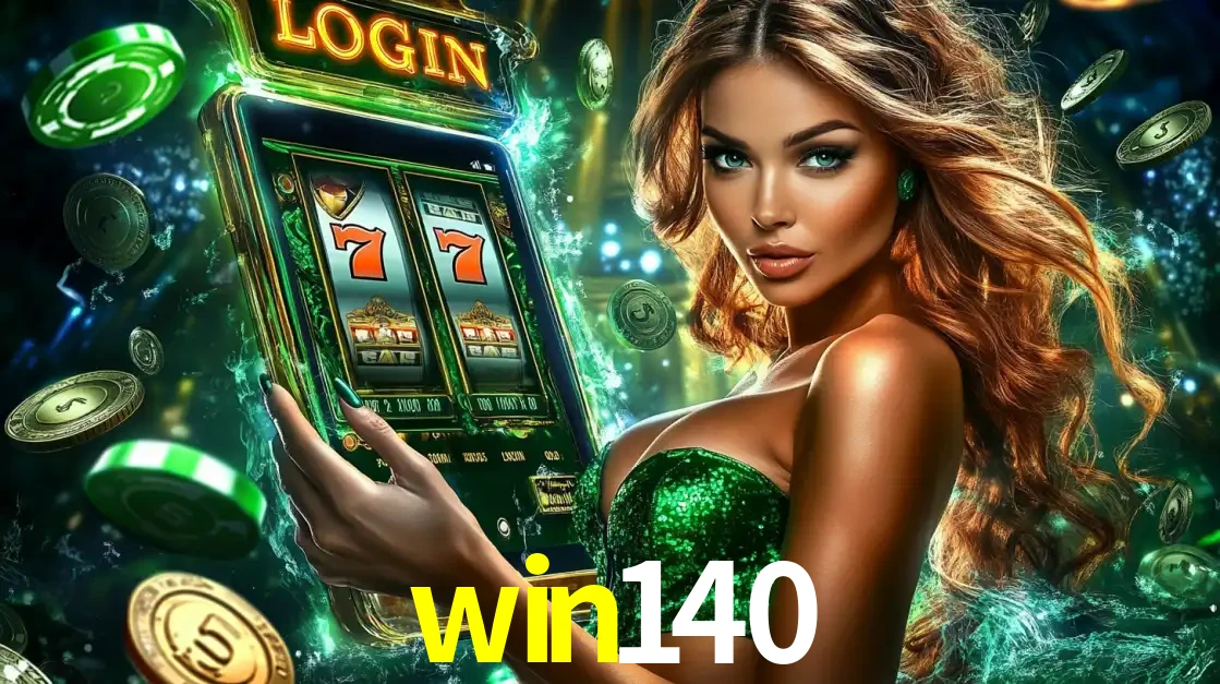 Mulher com tema verde apresentando o aplicativo do cassino win140 com um jogo de slot de 777, cercada por fichas de cassino e uma aura de sorte.