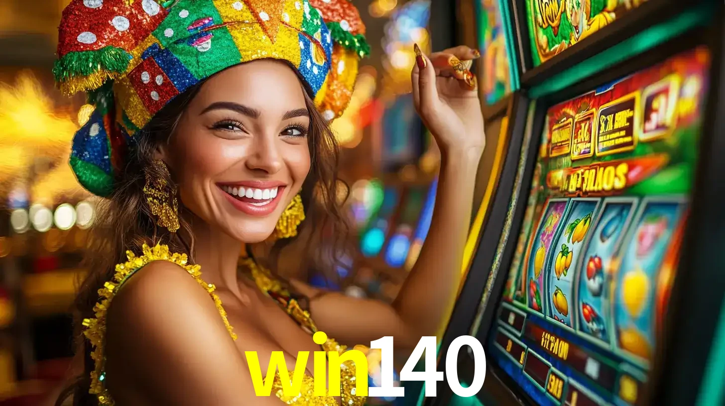Mulher feliz com traje de carnaval amarelo e colorido ao lado de uma máquina de caça-níqueis, aproveitando a diversão e os jogos temáticos do cassino win140.