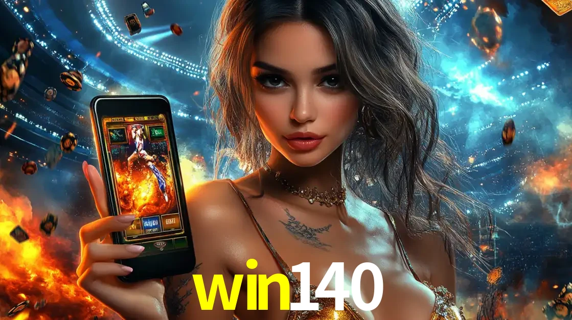 Mulher segurando um celular com um jogo de slot em destaque, tendo como fundo um estádio vibrante, simbolizando a emoção de jogar no cassino móvel win140.