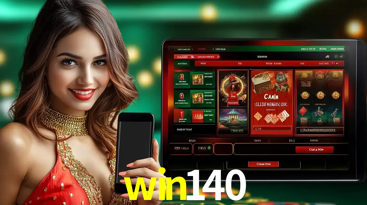 Mulher sorridente segurando um smartphone, ao lado de uma tela exibindo o lobby de jogos do cassino online win140, com várias opções de jogos de cartas e slots.